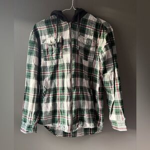 Kismet size xs Green Plaid Zip-Up Sweater Jacket gray hood fall campfire vibes